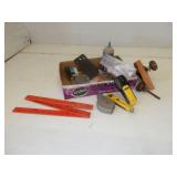 Asst items in tray-antique door knobs, chalk line