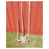 3 items-primitive post hole digger, worn shovel
