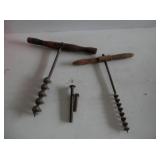 2-antique hand drills w/ wood handles, rusty bolts