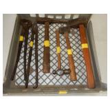 group of 2 blacksmith tools, tongs, and 4 wood