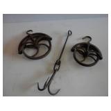 3 items-2 metal well pulleys, 3 prong bucket hook