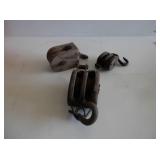 3-antique pulleys - wood & metal