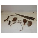 7 antique pieces, saw, grater,scale,