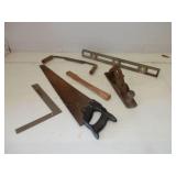 6 items antique tools - saw, plane, draw knife