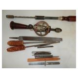 tray of vintage tools, manual drill/driver