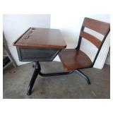 antique wood and metal school dest w/swivel chair