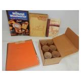 3 woodworking books, sand paper, clipboard