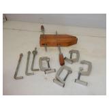 8 items-Lg wood vise, asst C clamps, 3 angle bolts