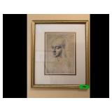 Framed Pencil Sketch Womans Head Gold frame