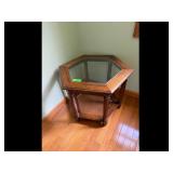 Brown Hexagonal End Table Glass Top Wicker Shelf