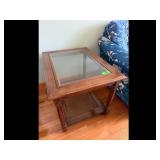 Brown Wood Glass Top End Table Lower Shelf