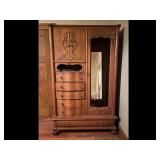 Antique Oak Wardrobe Armoire Mirror Drawers