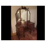 Antique Dark Wood Vanity Tri-Fold Mirror