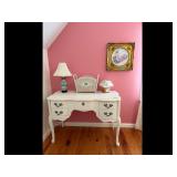 Vanity Desk White Ornate Drawer Pulls Lamp Basket