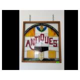 Vintage Stained Glass Sign - ANTIQUES Wood...
