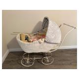 Vintage Wicker Baby Carriage Pram Stroller White