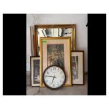 Framed Art Lot, Clock and Mirror