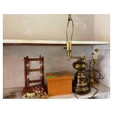 Vintage Brass Table Lamp & Wooden Spool Holder Lot
