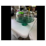 Green Embossed Glass Cake Stand with Dome Lid
