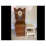 Vintage Wood Wall Clock Cabinet w Stool