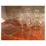 Clear glasses, small tray, bowl