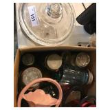 Old jars, large clear covered jar, other