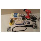 Box of misc items, brushes, tape, microphone,