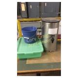 Plastic Tote, Bucket and Bunn Iced Tea Dispenser