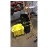 Mop bucket, garbage can, floor squeegee, broom and