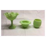 Fenton Lime Green Satin Compote and Fairylamp