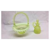 2 Yellow Vaseline Glass Hobnail pieces, basket