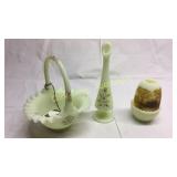 3 Fenton Burmese pieces, basket, vase and Fairy