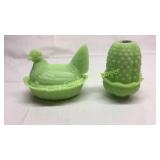 Fenton Lime Green Satin Hen on Nest And Fairy