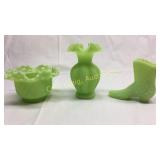 Fenton Lime Green Satin bowl, vase and boot