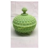 Fenton Lime Green Satin Footed Lidded Hobnail