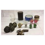 Assorted items including brass curtain tie backs,