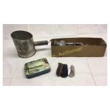 Group of misc including sifter, meat grinder tin