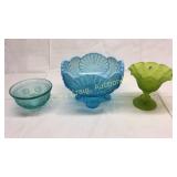 3 Glass Dishes, large blue bowl has crack