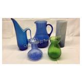 5 Colored Glass Pitcher, Vases Basement
