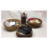 3 sewing baskets with contents and a lighted
