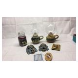 Lot of 2 Pottery Oil Lamps, Metal mask plaques