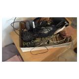 Flat of misc electronics, computer speakers,