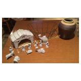 Ceramic Nativity Set, Vase and wire basket.