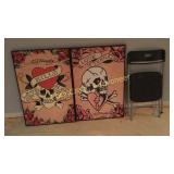 2 Ed Hardy Prints and a folding Chair Basement