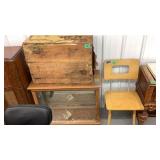 Old Chair, Box, Floor Cabinet With Glass Shelves,