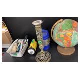 World Globe, Brass Candle Holder, Flashlight,