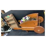 Wall Shelf and Wood Wheel Barrel