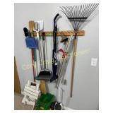 Wind chimes, electric broom, leaf rake, brooms & d