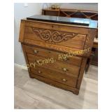 Antique Oak Drop front desk, pigeon holes, marble