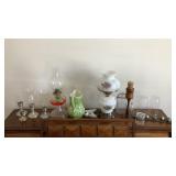 Pewter, Oil Lamp, Bells, Pitcher, Hurricane Lamp